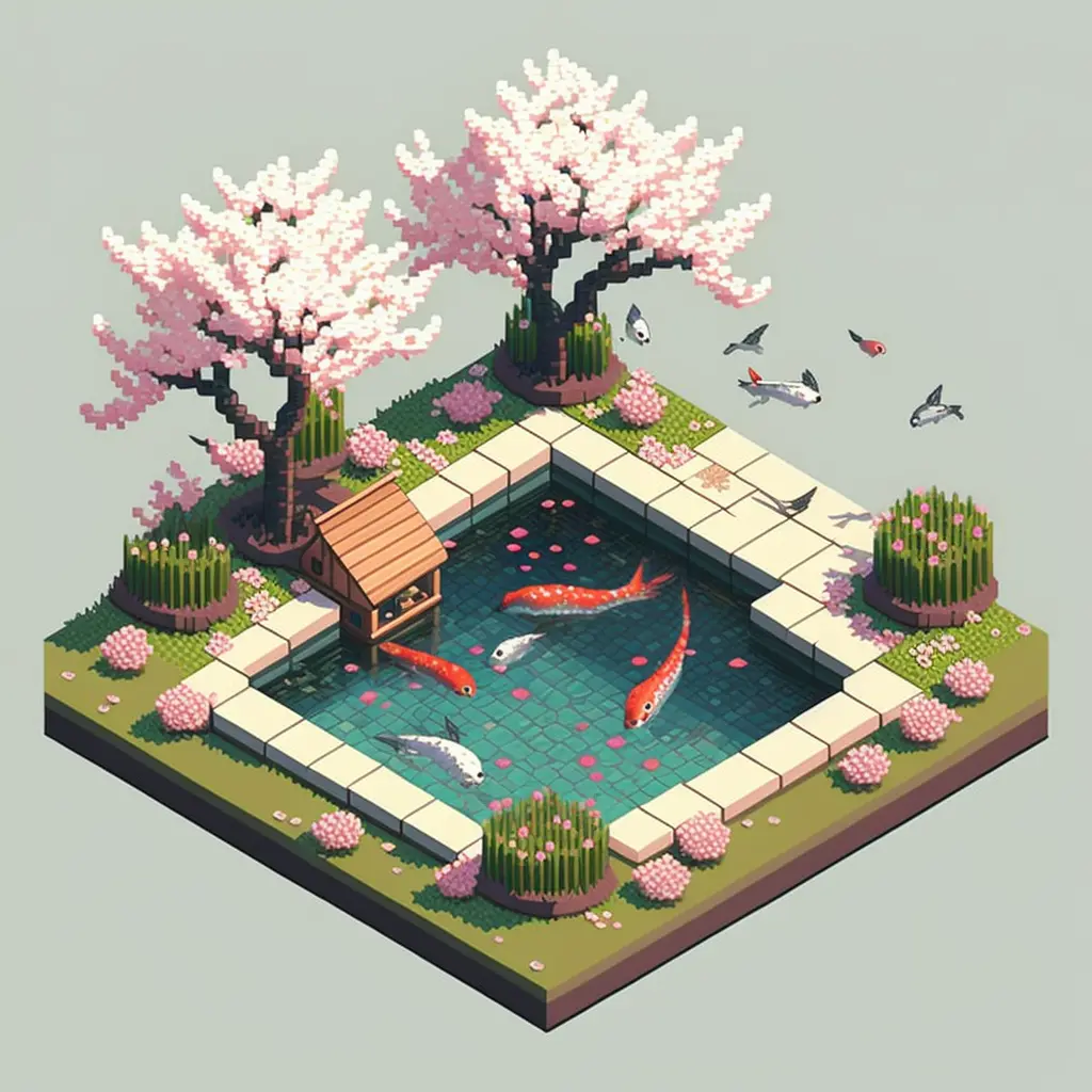 Isometric clean pixel art image of a Japanese Koi pond with cherry blossoms